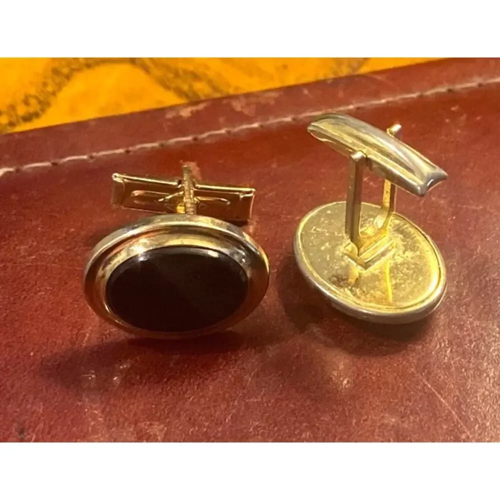 VTG Men's Sarah Coventry Cufflinks, Gold Tone with Black Accents